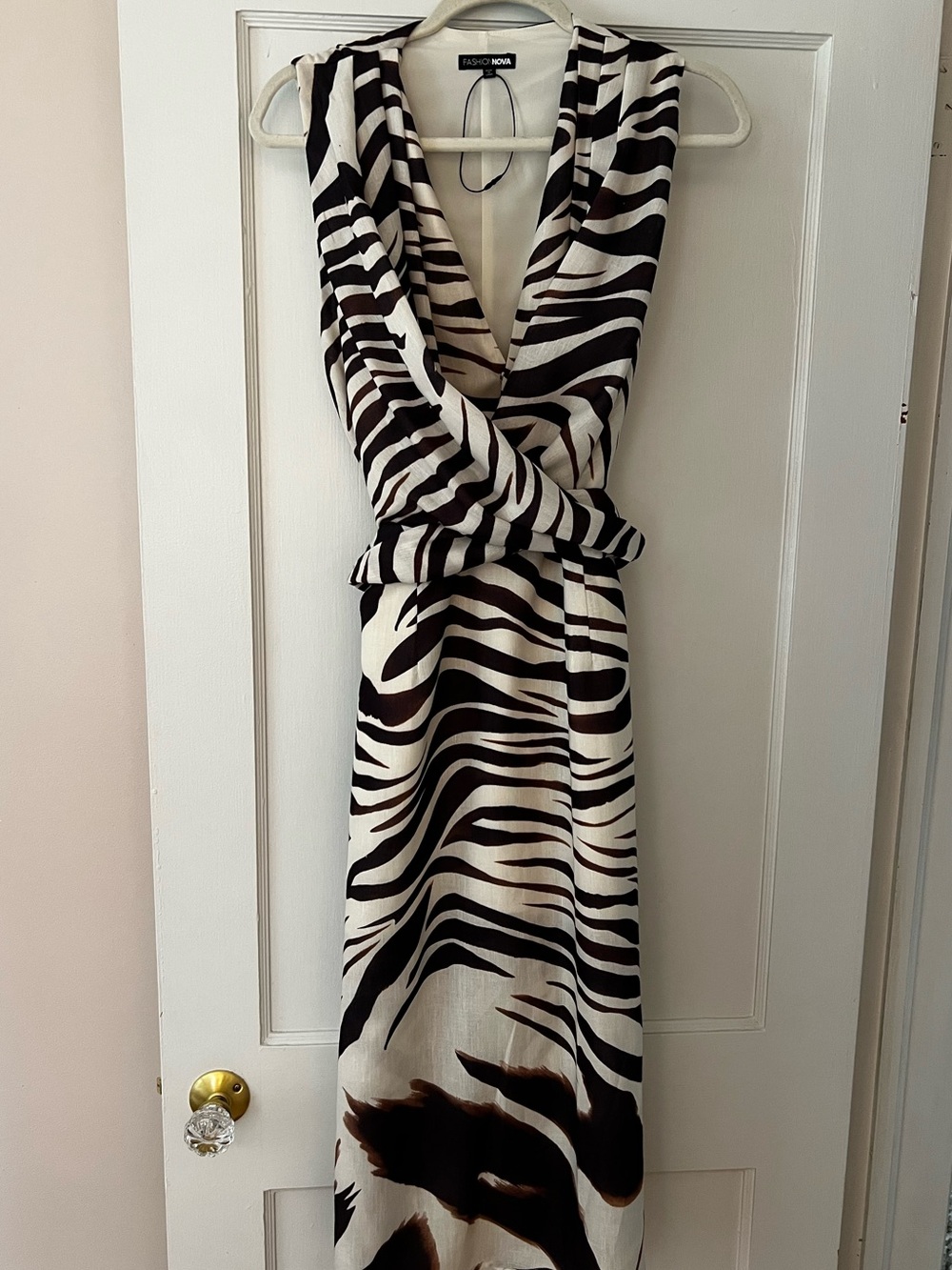 Fashion Nova Zebra-Print Sleeveless Midi Dress in Brown and Cream